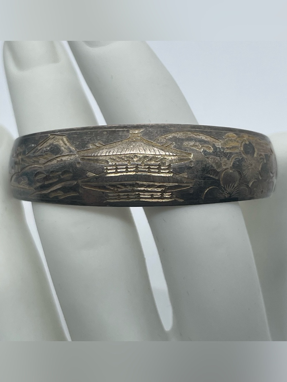 Vintage Japanese Etched Sterling Silver Landscape Cuff Bracelet Pagoda Sakura